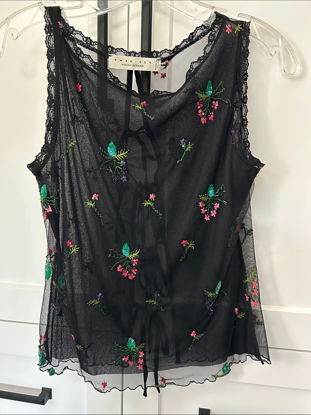 Twin-Set Black Sheer Mesh Camisole with Multicolor Floral Embroidery